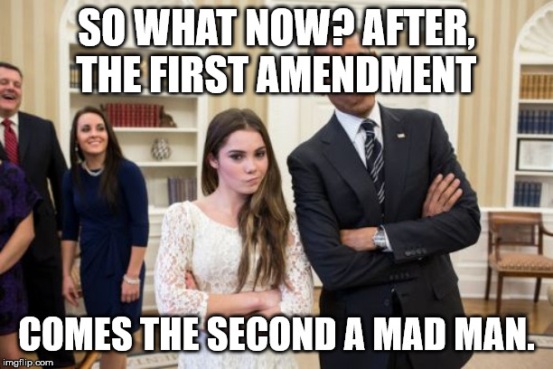Maroney And Obama Not Impressed | SO WHAT NOW? AFTER, THE FIRST AMENDMENT; COMES THE SECOND A MAD MAN. | image tagged in memes,maroney and obama not impressed | made w/ Imgflip meme maker