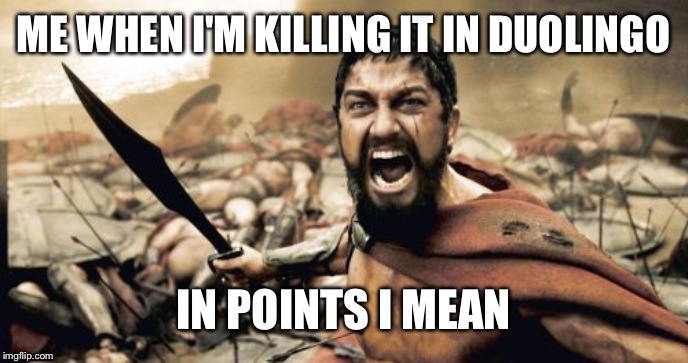Sparta Leonidas | ME WHEN I'M KILLING IT IN DUOLINGO; IN POINTS I MEAN | image tagged in memes,sparta leonidas | made w/ Imgflip meme maker