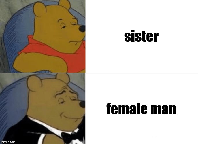 Tuxedo Winnie The Pooh | sister; female man | image tagged in memes,tuxedo winnie the pooh | made w/ Imgflip meme maker