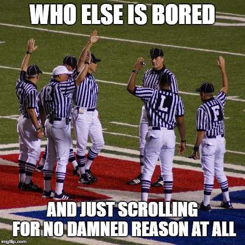 refs raised hands | WHO ELSE IS BORED; AND JUST SCROLLING FOR NO DAMNED REASON AT ALL | image tagged in refs raised hands,random,bored,keep scrolling | made w/ Imgflip meme maker
