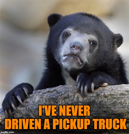 Confession Bear Meme | I'VE NEVER DRIVEN A PICKUP TRUCK | image tagged in memes,confession bear | made w/ Imgflip meme maker
