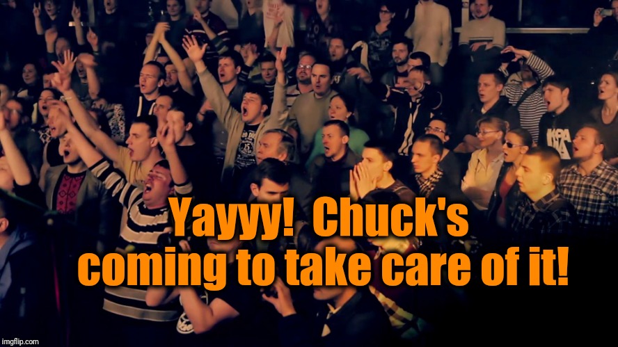 Clapping audience | Yayyy!  Chuck's coming to take care of it! | image tagged in clapping audience | made w/ Imgflip meme maker