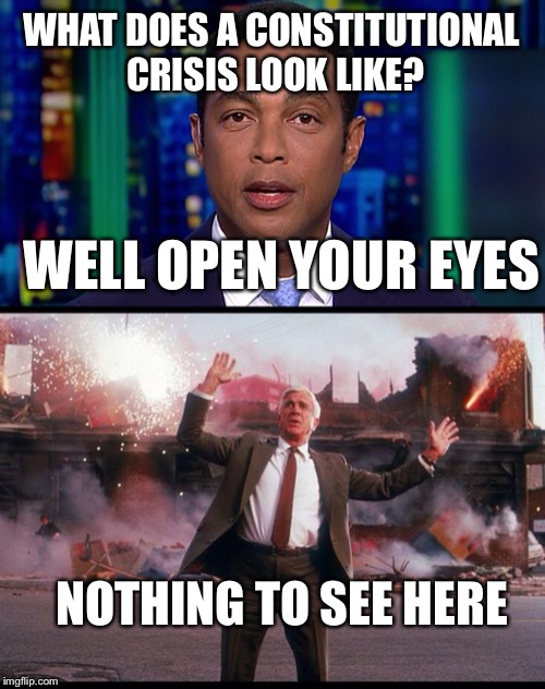 WHAT DOES A CONSTITUTIONAL CRISIS LOOK LIKE? WELL OPEN YOUR EYES; NOTHING TO SEE HERE | image tagged in frank drebin,don lemon | made w/ Imgflip meme maker