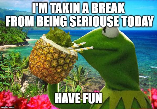 vacation kermit | I'M TAKIN A BREAK FROM BEING SERIOUSE TODAY HAVE FUN | image tagged in vacation kermit | made w/ Imgflip meme maker