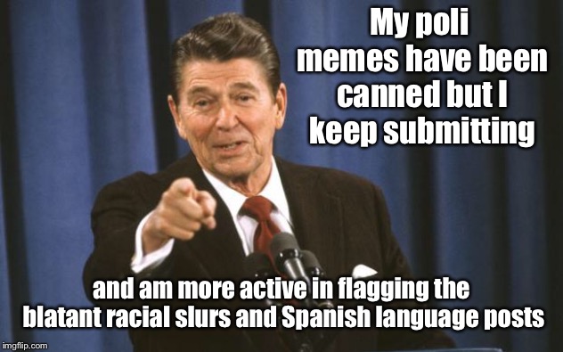 Ronald Reagan | My poli memes have been canned but I keep submitting and am more active in flagging the blatant racial slurs and Spanish language posts | image tagged in ronald reagan | made w/ Imgflip meme maker