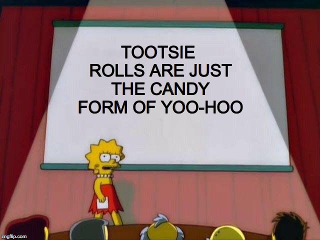 Lisa Simpson's Presentation | TOOTSIE ROLLS ARE JUST THE CANDY FORM
OF YOO-HOO | image tagged in lisa simpson's presentation | made w/ Imgflip meme maker