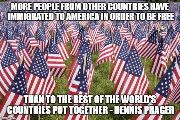 20,000 American Flags | MORE PEOPLE FROM OTHER COUNTRIES HAVE IMMIGRATED TO AMERICA IN ORDER TO BE FREE; THAN TO THE REST OF THE WORLD'S COUNTRIES PUT TOGETHER - DENNIS PRAGER | image tagged in 20 000 american flags | made w/ Imgflip meme maker