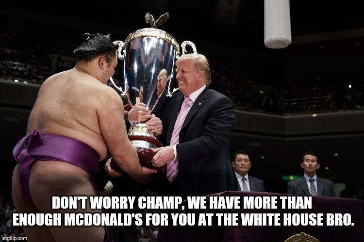 Mc Champion Trump | DON'T WORRY CHAMP, WE HAVE MORE THAN ENOUGH MCDONALD'S FOR YOU AT THE WHITE HOUSE BRO. | image tagged in donald trump,comedy,fast food,sport,champions | made w/ Imgflip meme maker