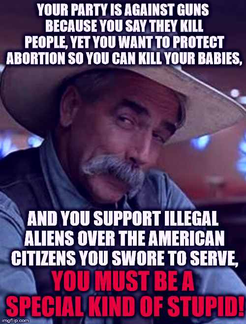 A special kind of stupid | YOUR PARTY IS AGAINST GUNS BECAUSE YOU SAY THEY KILL PEOPLE, YET YOU WANT TO PROTECT ABORTION SO YOU CAN KILL YOUR BABIES, AND YOU SUPPORT ILLEGAL ALIENS OVER THE AMERICAN CITIZENS YOU SWORE TO SERVE, YOU MUST BE A SPECIAL KIND OF STUPID! | image tagged in sam elliott | made w/ Imgflip meme maker