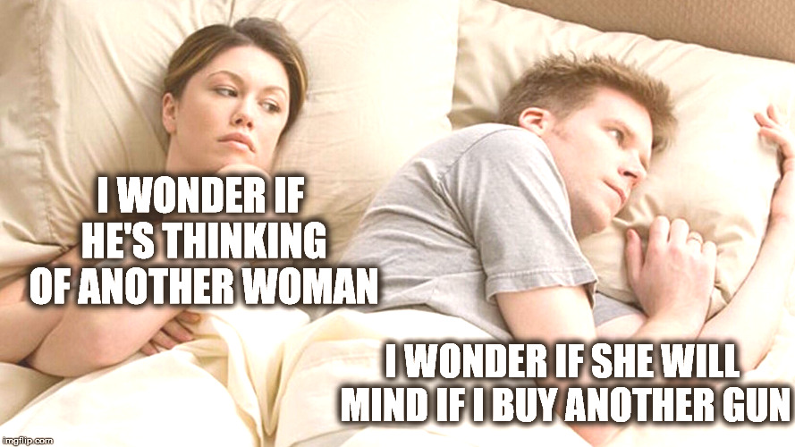 I wonder... | I WONDER IF HE'S THINKING OF ANOTHER WOMAN; I WONDER IF SHE WILL MIND IF I BUY ANOTHER GUN | image tagged in woman thinking in bed,gun | made w/ Imgflip meme maker
