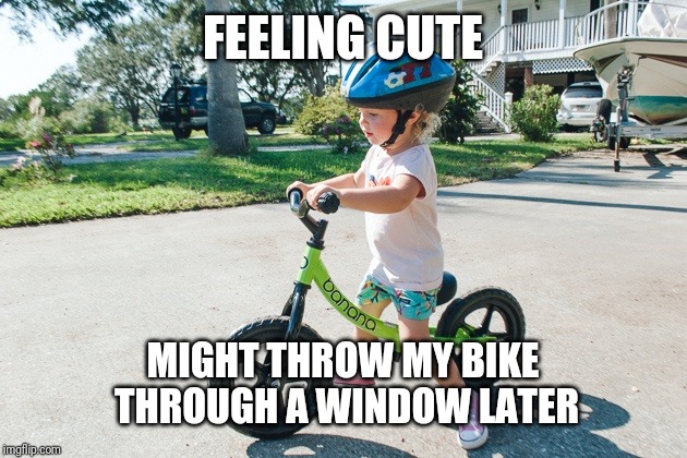 It might be that kind of day | FEELING CUTE; MIGHT THROW MY BIKE THROUGH A WINDOW LATER | image tagged in feeling cute,baby,bike | made w/ Imgflip meme maker