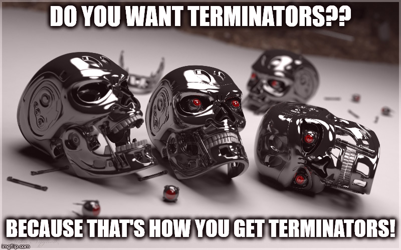 Thats how you get terminators | DO YOU WANT TERMINATORS?? BECAUSE THAT'S HOW YOU GET TERMINATORS! | image tagged in do you want x because thats how you get x,terminator,t101 | made w/ Imgflip meme maker