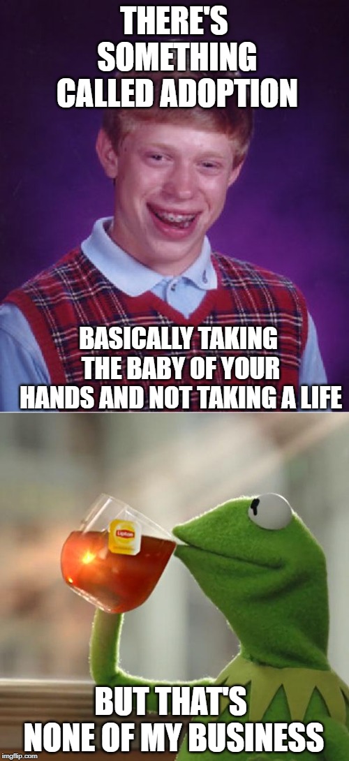 THERE'S SOMETHING CALLED ADOPTION BASICALLY TAKING THE BABY OF YOUR HANDS AND NOT TAKING A LIFE BUT THAT'S NONE OF MY BUSINESS | image tagged in memes,bad luck brian,but thats none of my business | made w/ Imgflip meme maker