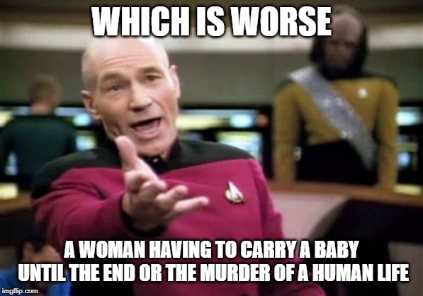 WHICH IS WORSE A WOMAN HAVING TO CARRY A BABY UNTIL THE END OR THE MURDER OF A HUMAN LIFE | image tagged in memes,picard wtf | made w/ Imgflip meme maker