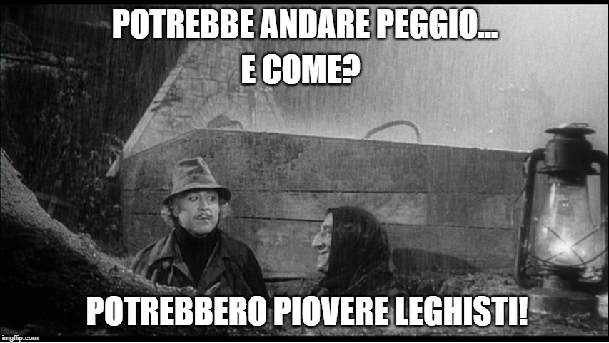 Young Frankenstein - Raining... | E COME? POTREBBE ANDARE PEGGIO... POTREBBERO PIOVERE LEGHISTI! | image tagged in young frankenstein - raining | made w/ Imgflip meme maker