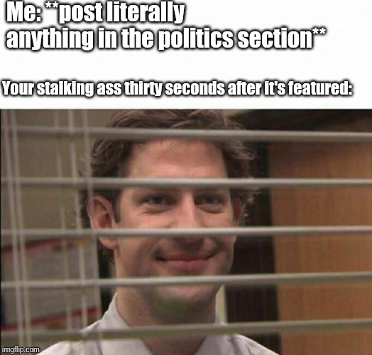 Office Window Meme | Me: **post literally anything in the politics section** Your stalking ass thirty seconds after it's featured: | image tagged in office window meme | made w/ Imgflip meme maker