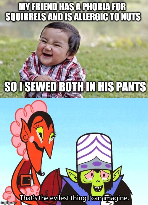 MY FRIEND HAS A PHOBIA FOR SQUIRRELS AND IS ALLERGIC TO NUTS; SO I SEWED BOTH IN HIS PANTS | image tagged in memes,evil toddler,mojojojo | made w/ Imgflip meme maker