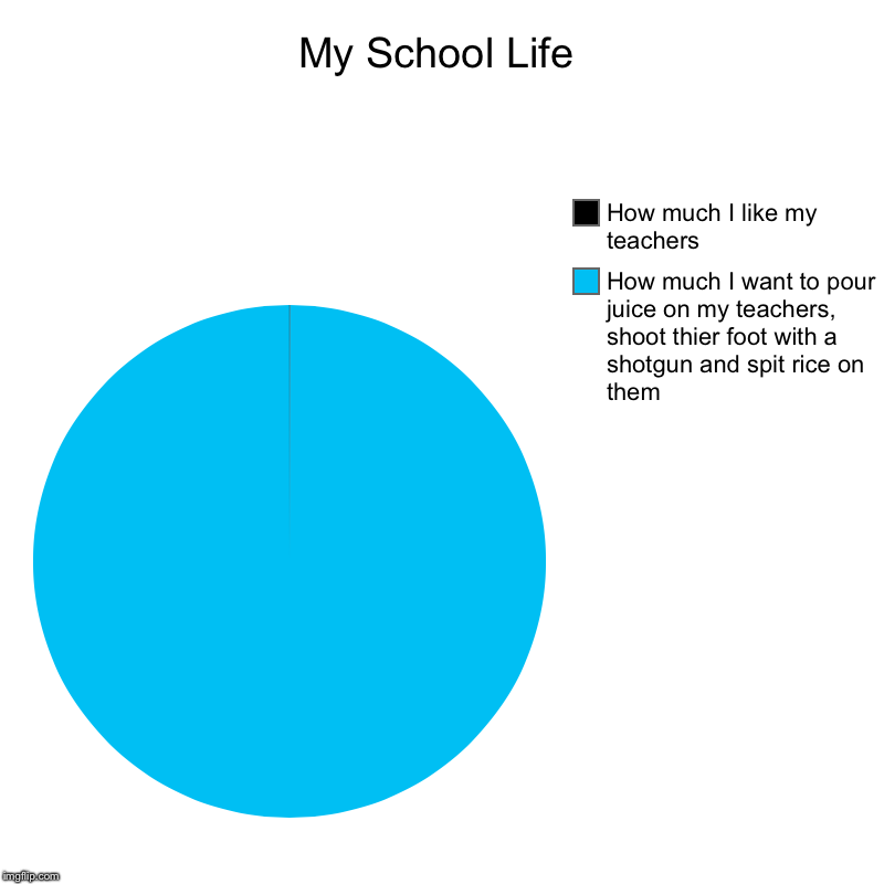 My School Life | How much I want to pour juice on my teachers, shoot thier foot with a shotgun and spit rice on them, How much I like my tea | image tagged in charts,pie charts | made w/ Imgflip chart maker