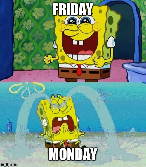 spongebob happy and sad | FRIDAY; MONDAY | image tagged in spongebob happy and sad | made w/ Imgflip meme maker
