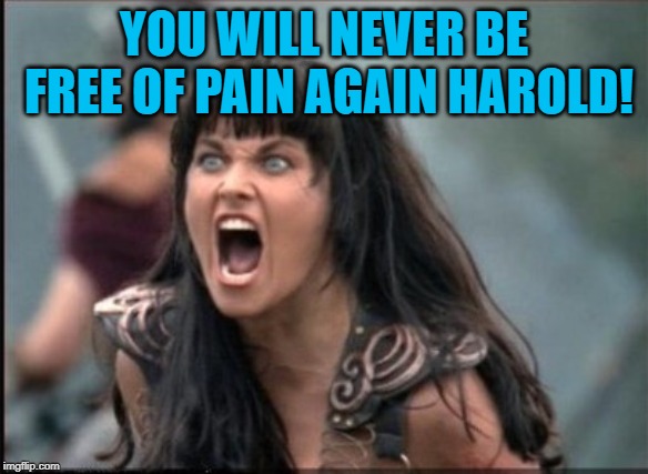 Screaming Woman | YOU WILL NEVER BE FREE OF PAIN AGAIN HAROLD! | image tagged in screaming woman | made w/ Imgflip meme maker