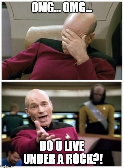 Picard frustrated | OMG... OMG... DO U LIVE UNDER A ROCK?! | image tagged in picard frustrated | made w/ Imgflip meme maker