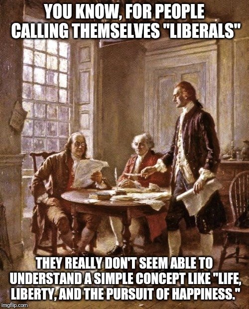 founding fathers | YOU KNOW, FOR PEOPLE CALLING THEMSELVES "LIBERALS"; THEY REALLY DON'T SEEM ABLE TO UNDERSTAND A SIMPLE CONCEPT LIKE "LIFE, LIBERTY, AND THE PURSUIT OF HAPPINESS." | image tagged in founding fathers | made w/ Imgflip meme maker