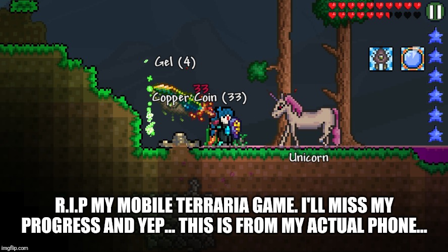 R.I.P | R.I.P MY MOBILE TERRARIA GAME. I'LL MISS MY PROGRESS AND YEP... THIS IS FROM MY ACTUAL PHONE... | image tagged in rip,terraria | made w/ Imgflip meme maker