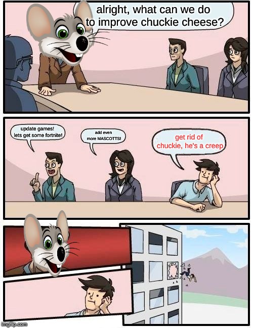 Boardroom Meeting Suggestion | alright, what can we do to improve chuckie cheese? update games! lets get some fortnite! add even more MASCOTTS! get rid of chuckie, he's a creep | image tagged in memes,boardroom meeting suggestion | made w/ Imgflip meme maker