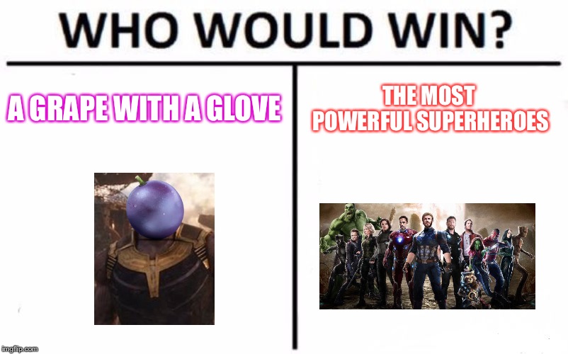 Who Would Win? | A GRAPE WITH A GLOVE; THE MOST POWERFUL SUPERHEROES | image tagged in memes,who would win | made w/ Imgflip meme maker