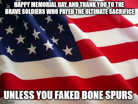 American flag | HAPPY MEMORIAL DAY. AND THANK YOU TO THE BRAVE SOLDIERS WHO PAYED THE ULTIMATE SACRIFICE; UNLESS YOU FAKED BONE SPURS | image tagged in american flag | made w/ Imgflip meme maker
