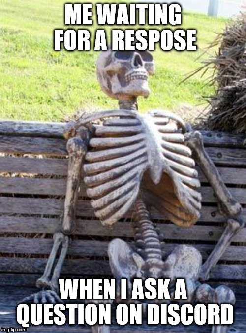 Waiting Skeleton Meme | ME WAITING FOR A RESPOSE; WHEN I ASK A QUESTION ON DISCORD | image tagged in memes,waiting skeleton | made w/ Imgflip meme maker