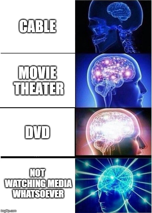 Evolution of media | CABLE; MOVIE THEATER; DVD; NOT WATCHING MEDIA WHATSOEVER | image tagged in memes,expanding brain,movies | made w/ Imgflip meme maker