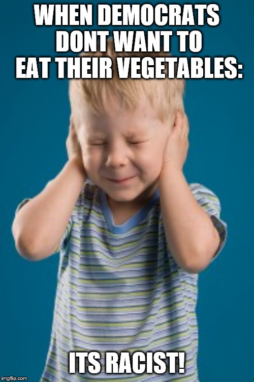 Democrats hands ears can't hear not listening denial establishme | WHEN DEMOCRATS DONT WANT TO EAT THEIR VEGETABLES: ITS RACIST! | image tagged in democrats hands ears can't hear not listening denial establishme | made w/ Imgflip meme maker