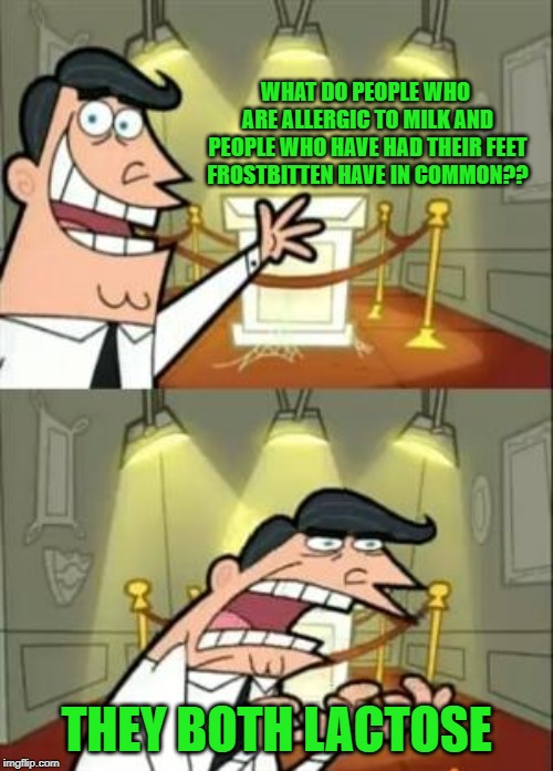This Is Where I'd Put My Trophy If I Had One | WHAT DO PEOPLE WHO ARE ALLERGIC TO MILK AND PEOPLE WHO HAVE HAD THEIR FEET FROSTBITTEN HAVE IN COMMON?? THEY BOTH LACTOSE | image tagged in memes,this is where i'd put my trophy if i had one | made w/ Imgflip meme maker