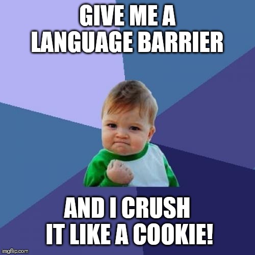 Success Kid Meme |  GIVE ME A LANGUAGE BARRIER; AND I CRUSH IT LIKE A COOKIE! | image tagged in memes,success kid | made w/ Imgflip meme maker