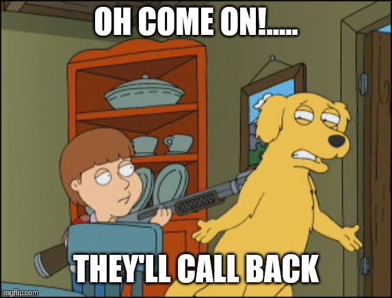Old Yeller Family Guy | OH COME ON!..... THEY'LL CALL BACK | image tagged in old yeller family guy | made w/ Imgflip meme maker
