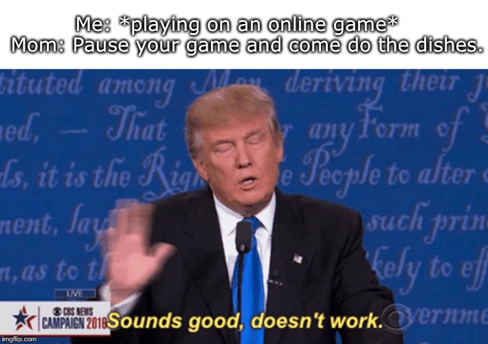 Online Gaming be Like: | Me: *playing on an online game*   Mom: Pause your game and come do the dishes. | image tagged in trump,online gaming,mom,why do we have tags | made w/ Imgflip meme maker