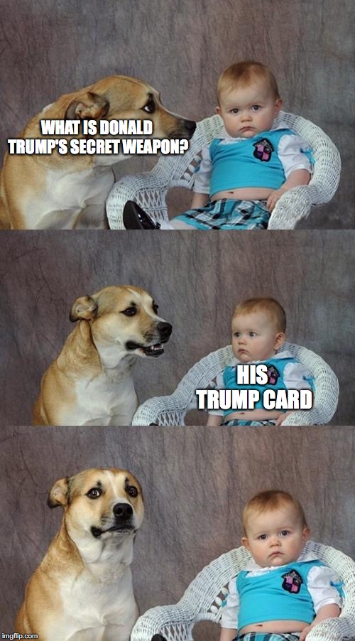 Dad Joke Dog Meme | WHAT IS DONALD TRUMP'S SECRET WEAPON? HIS TRUMP CARD | image tagged in memes,dad joke dog | made w/ Imgflip meme maker