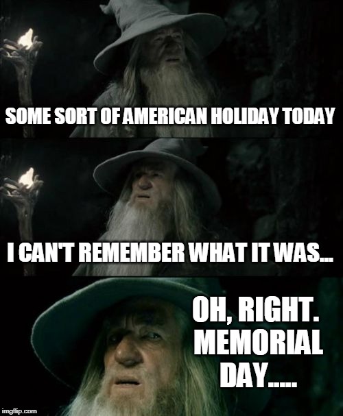 Confused Gandalf Meme | SOME SORT OF AMERICAN HOLIDAY TODAY; I CAN'T REMEMBER WHAT IT WAS... OH, RIGHT. MEMORIAL DAY..... | image tagged in memes,confused gandalf,memorial day,support our troops,mia,pow | made w/ Imgflip meme maker