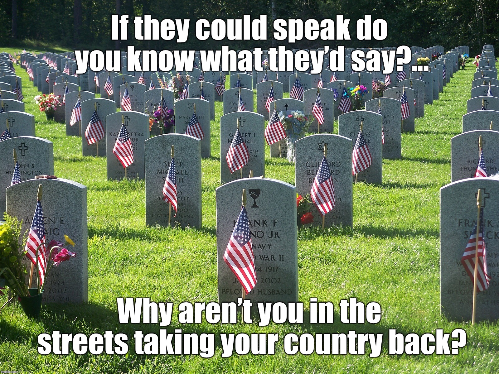 Why aren’t you taking your country back? |  If they could speak do you know what they’d say?... Why aren’t you in the streets taking your country back? | image tagged in memorial day,fascism,protest,revolution | made w/ Imgflip meme maker