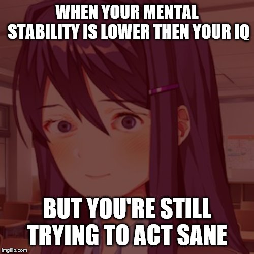 My daily problems | WHEN YOUR MENTAL STABILITY IS LOWER THEN YOUR IQ; BUT YOU'RE STILL TRYING TO ACT SANE | image tagged in doki doki yuri | made w/ Imgflip meme maker
