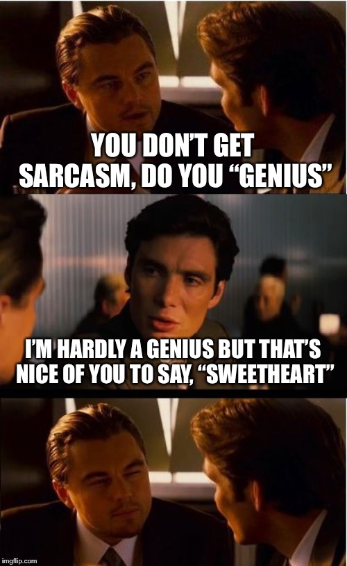 Inception | YOU DON’T GET SARCASM, DO YOU “GENIUS”; I’M HARDLY A GENIUS BUT THAT’S NICE OF YOU TO SAY, “SWEETHEART” | image tagged in memes,inception | made w/ Imgflip meme maker