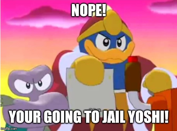 King dedede | NOPE! YOUR GOING TO JAIL YOSHI! | image tagged in king dedede | made w/ Imgflip meme maker