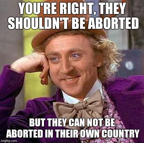 Creepy Condescending Wonka Meme | YOU'RE RIGHT, THEY SHOULDN'T BE ABORTED BUT THEY CAN NOT BE ABORTED IN THEIR OWN COUNTRY | image tagged in memes,creepy condescending wonka | made w/ Imgflip meme maker