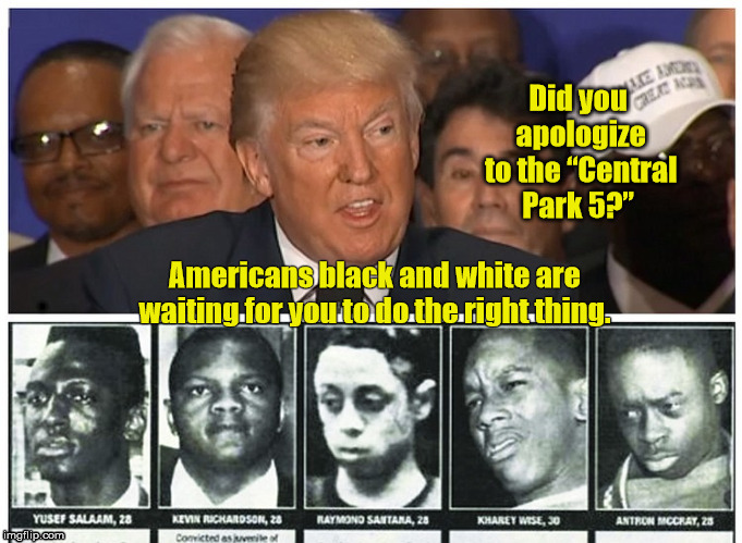Central Park Five | . | image tagged in donald trump,central park five,law and order,trump raciest | made w/ Imgflip meme maker