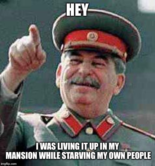 Stalin says | HEY I WAS LIVING IT UP IN MY MANSION WHILE STARVING MY OWN PEOPLE | image tagged in stalin says | made w/ Imgflip meme maker