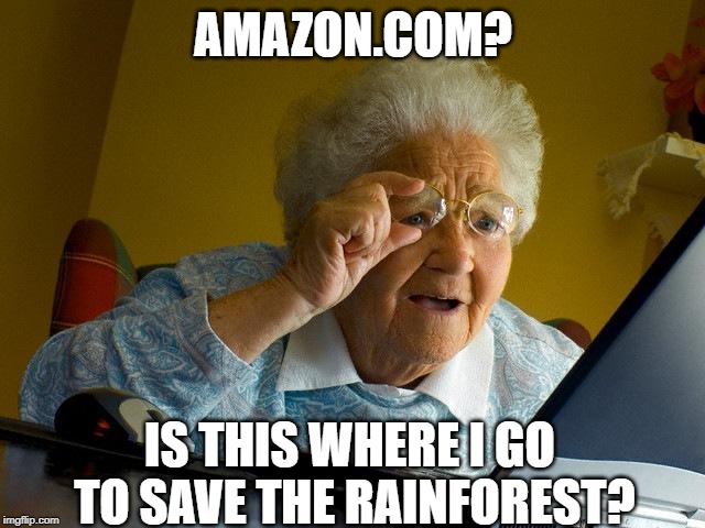 Actually, Me in 1995 before Amazon was a thing... | AMAZON.COM? IS THIS WHERE I GO TO SAVE THE RAINFOREST? | image tagged in memes,grandma finds the internet | made w/ Imgflip meme maker