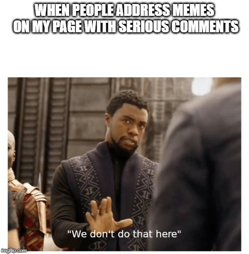 we don't do that here | WHEN PEOPLE ADDRESS MEMES ON MY PAGE WITH SERIOUS COMMENTS | image tagged in we don't do that here | made w/ Imgflip meme maker