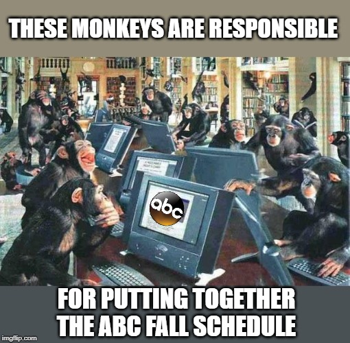 Monkeys on typewriters | THESE MONKEYS ARE RESPONSIBLE; FOR PUTTING TOGETHER THE ABC FALL SCHEDULE | image tagged in monkeys on typewriters,funny,television | made w/ Imgflip meme maker
