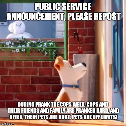 secret life of pets | PUBLIC SERVICE ANNOUNCEMENT, PLEASE REPOST; DURING PRANK THE COPS WEEK, COPS AND THEIR FRIENDS AND FAMILY ARE PRANKED HARD, AND OFTEN, THEIR PETS ARE HURT. PETS ARE OFF LIMITS! | image tagged in secret life of pets | made w/ Imgflip meme maker